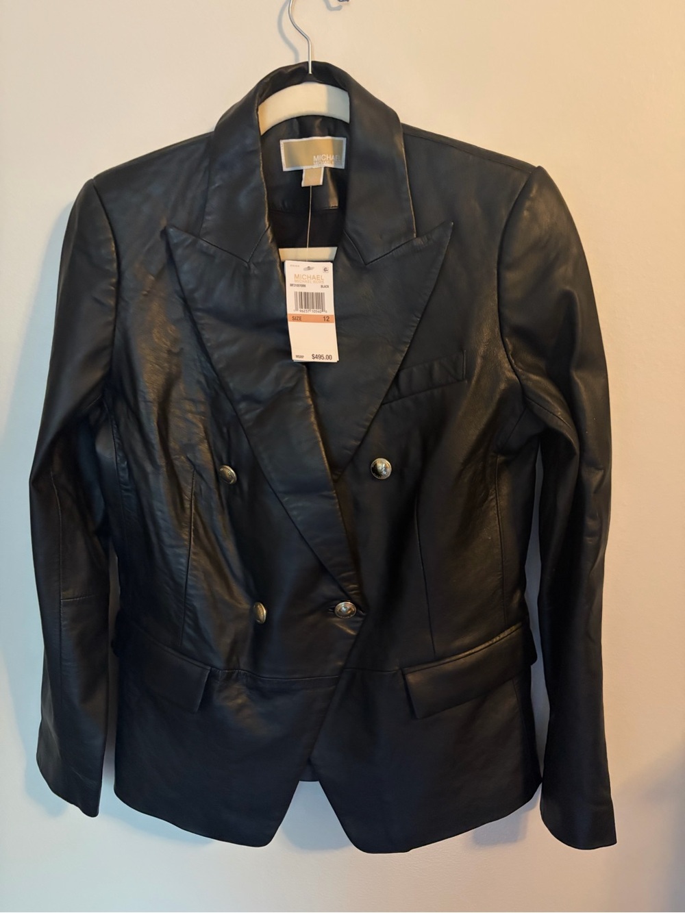 Michael Kors Black Double-Breasted Leather Blazer Jacket